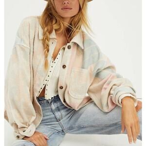 Free People Kiwi Ruby Pastel Sunflower Printed Fleece Shirt Jacket XS Oversized
